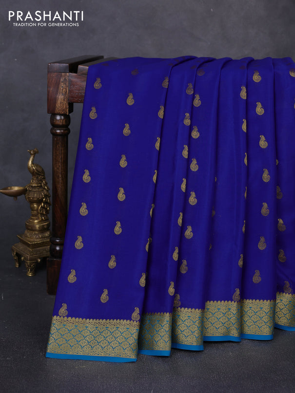 Pure mysore silk saree dark royal blue and blue with zari woven buttas and zari woven border