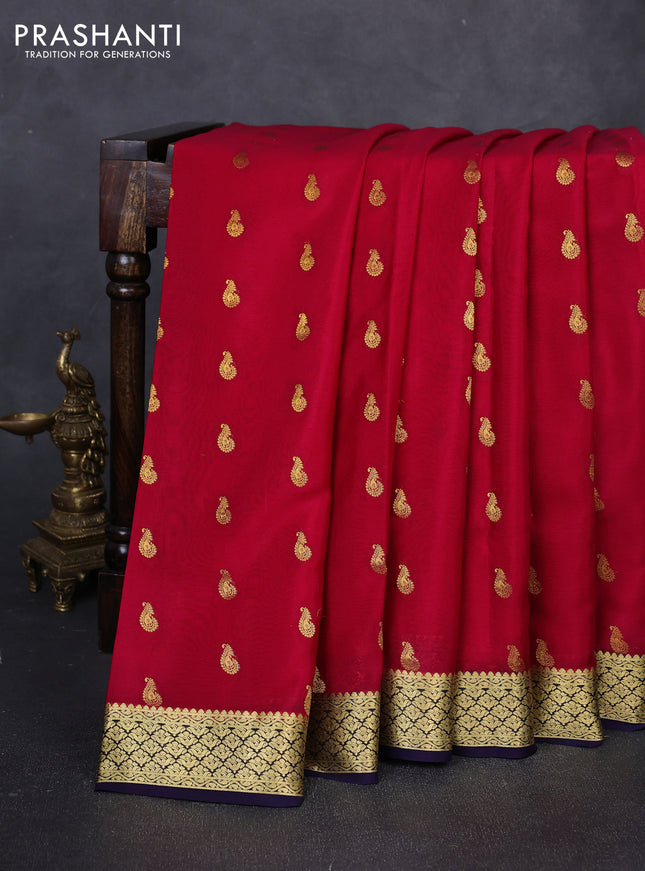Pure mysore silk saree red and deep violet with zari woven buttas and zari woven border