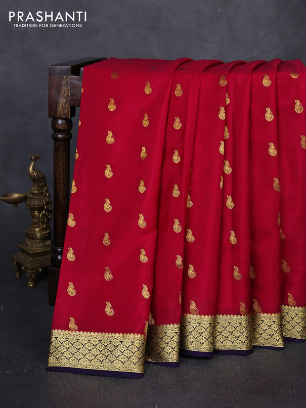 Pure mysore silk saree red and deep violet with zari woven buttas and zari woven border