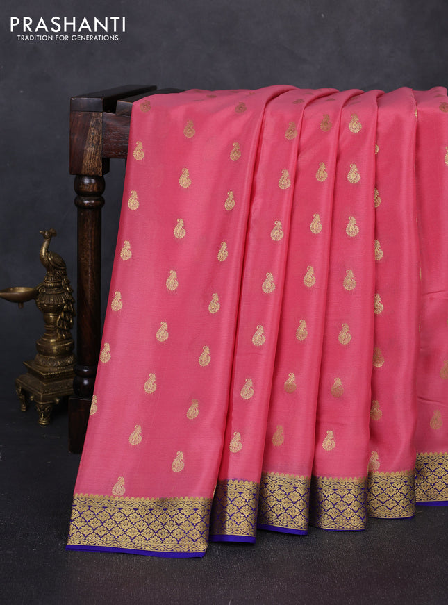 Pure mysore silk saree pink and blue with zari woven buttas and zari woven border
