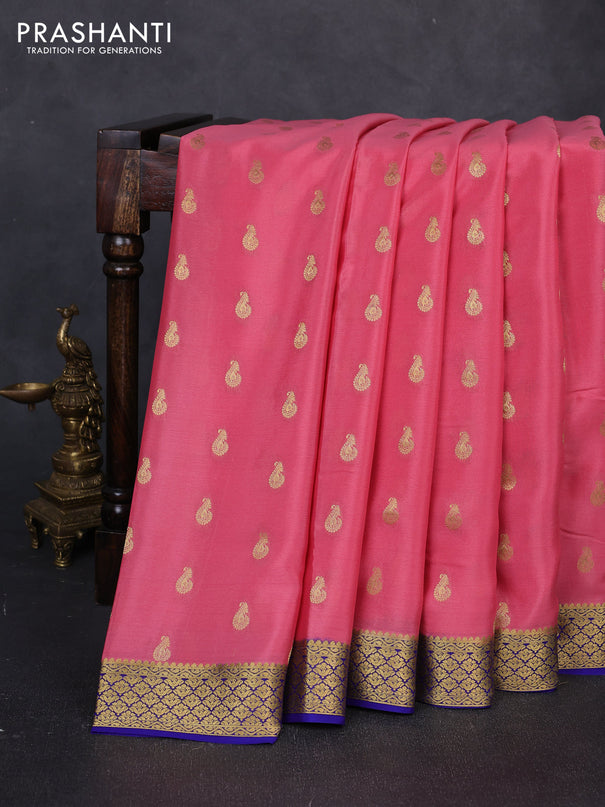 Pure mysore silk saree pink and blue with zari woven buttas and zari woven border