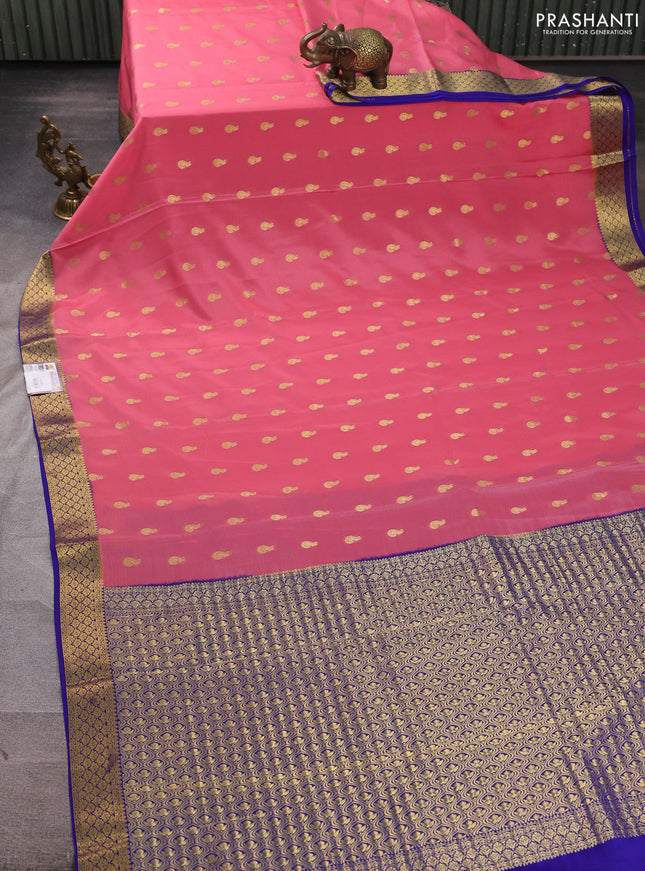 Pure mysore silk saree pink and blue with zari woven buttas and zari woven border