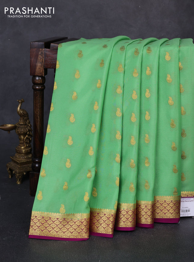 Pure mysore silk saree pista green and magenta pink with zari woven buttas and zari woven border
