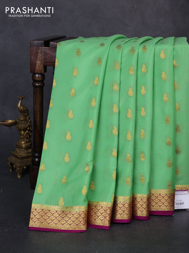 Pure mysore silk saree pista green and magenta pink with zari woven buttas and zari woven border