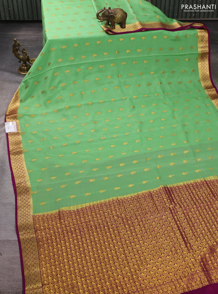 Pure mysore silk saree pista green and magenta pink with zari woven buttas and zari woven border