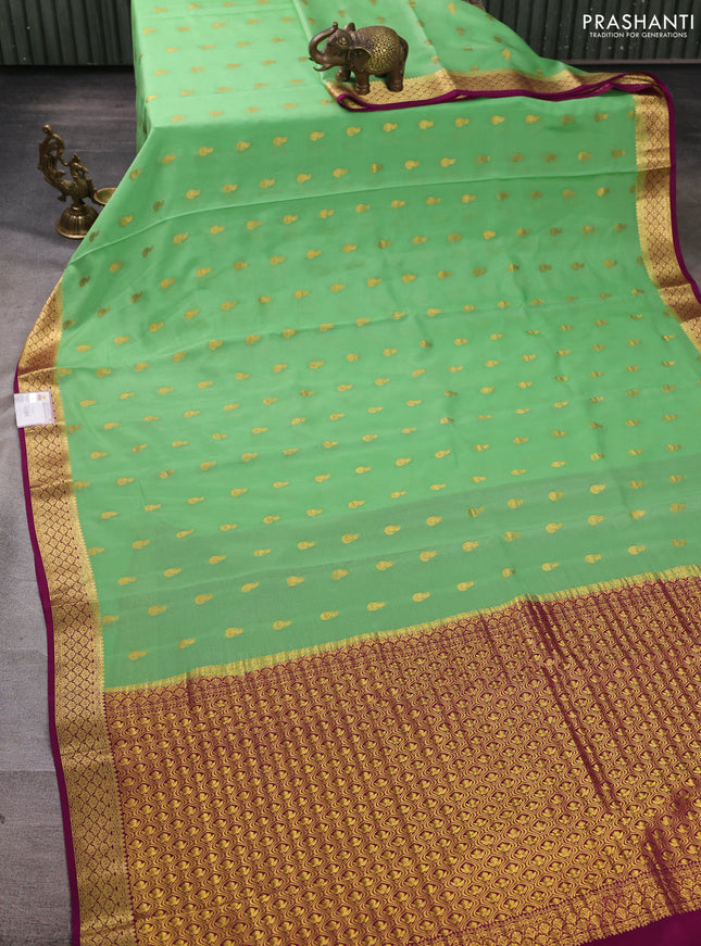 Pure mysore silk saree pista green and magenta pink with zari woven buttas and zari woven border
