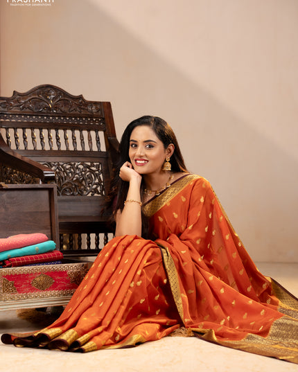 Pure mysore silk saree rustic orange and coffee brown with zari woven buttas and zari woven border