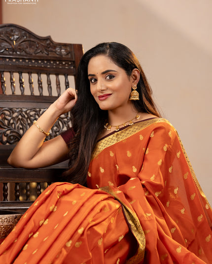 Pure mysore silk saree rustic orange and coffee brown with zari woven buttas and zari woven border