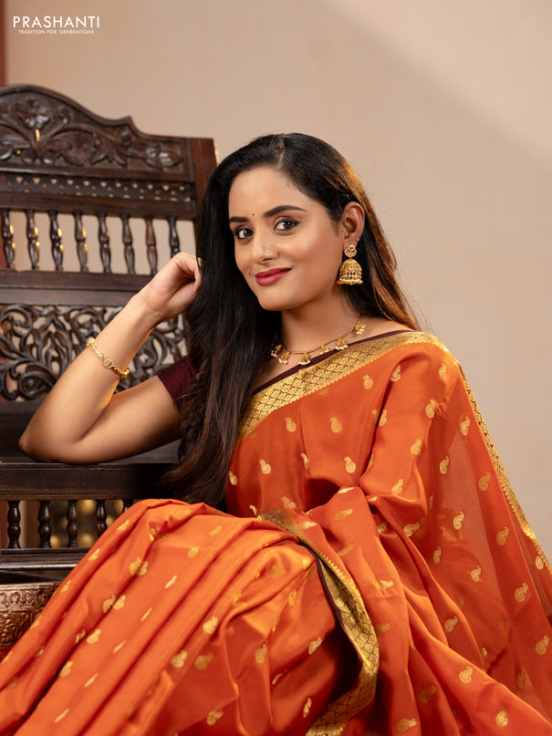 Pure mysore silk saree rustic orange and coffee brown with zari woven buttas and zari woven border