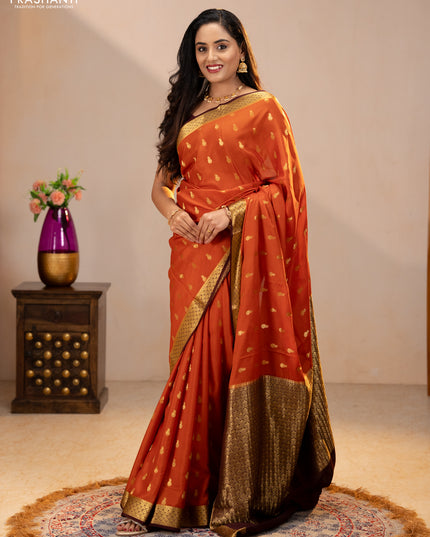 Pure mysore silk saree rustic orange and coffee brown with zari woven buttas and zari woven border