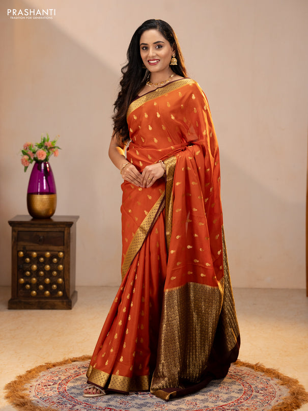 Pure mysore silk saree rustic orange and coffee brown with zari woven buttas and zari woven border