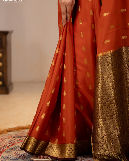 Pure mysore silk saree rustic orange and coffee brown with zari woven buttas and zari woven border