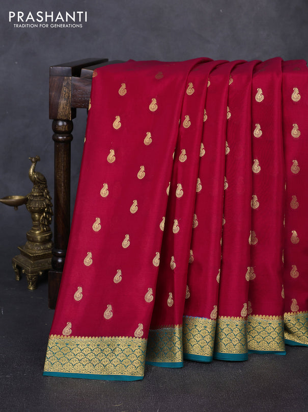 Pure mysore silk saree red and green with zari woven buttas and zari woven border