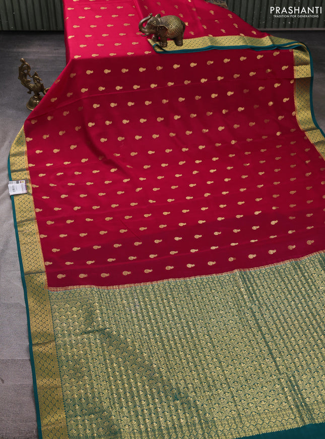 Pure mysore silk saree red and green with zari woven buttas and zari woven border