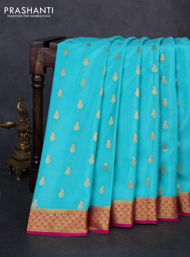 Pure mysore silk saree teal blue and pink with zari woven buttas and zari woven border