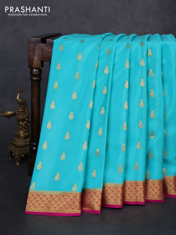 Pure mysore silk saree teal blue and pink with zari woven buttas and zari woven border