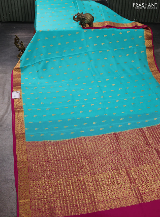 Pure mysore silk saree teal blue and pink with zari woven buttas and zari woven border
