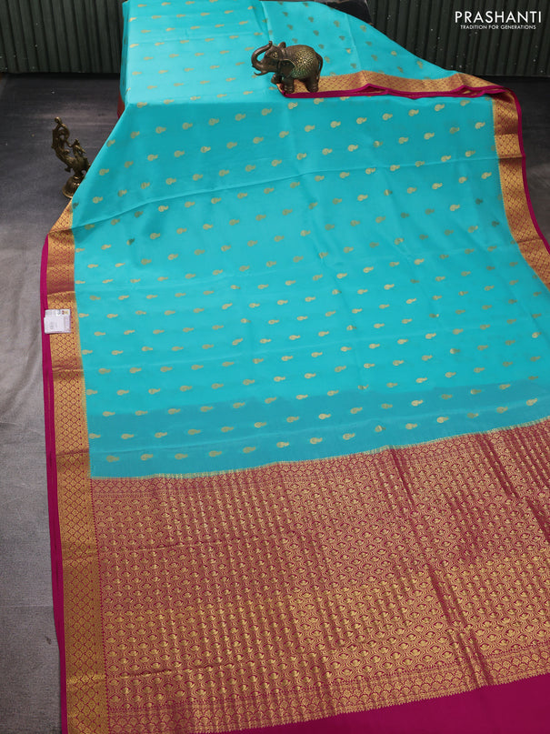 Pure mysore silk saree teal blue and pink with zari woven buttas and zari woven border