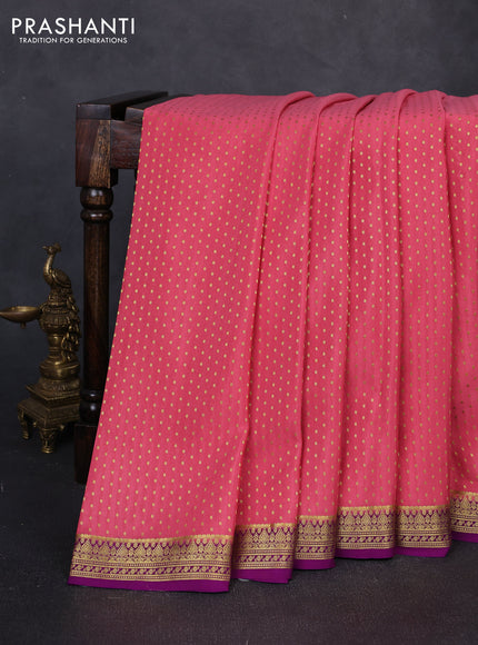 Pure mysore silk saree peach pink and purple with allover zari woven buttas and zari woven border