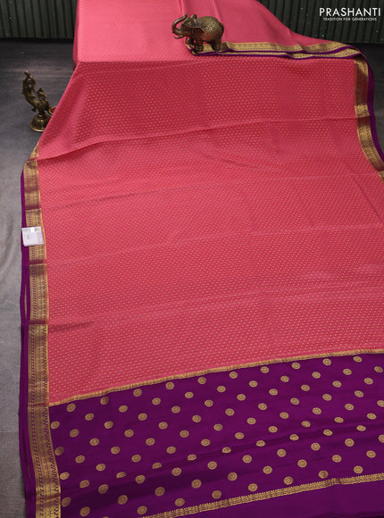 Pure mysore silk saree peach pink and purple with allover zari woven buttas and zari woven border