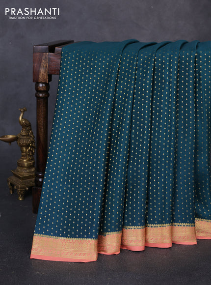 Pure mysore silk saree peacock green and peach with allover zari woven buttas and zari woven border