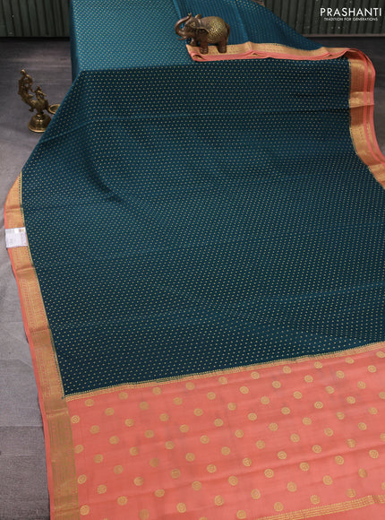 Pure mysore silk saree peacock green and peach with allover zari woven buttas and zari woven border