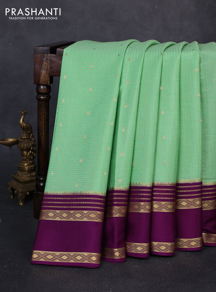 Pure mysore silk saree pista green and purple with allover small zari checks & buttas and rettapet zari woven border