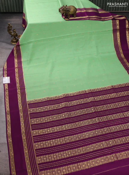 Pure mysore silk saree pista green and purple with allover small zari checks & buttas and rettapet zari woven border