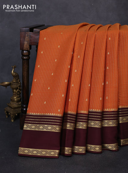 Pure mysore silk saree rustic orange and coffee brown with allover small zari checks & buttas and rettapet zari woven border