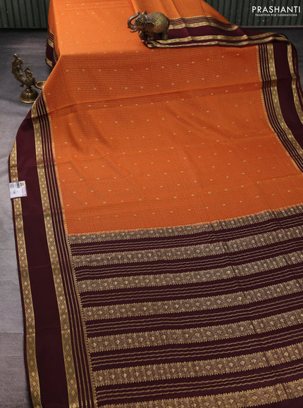 Pure mysore silk saree rustic orange and coffee brown with allover small zari checks & buttas and rettapet zari woven border
