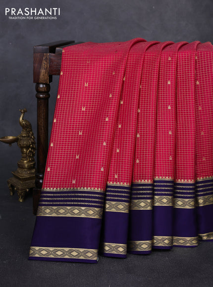 Pure mysore silk saree pink and deep violet with allover small zari checks & buttas and rettapet zari woven border