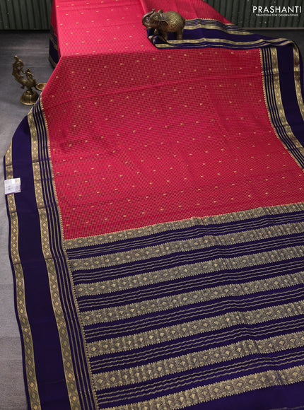 Pure mysore silk saree pink and deep violet with allover small zari checks & buttas and rettapet zari woven border