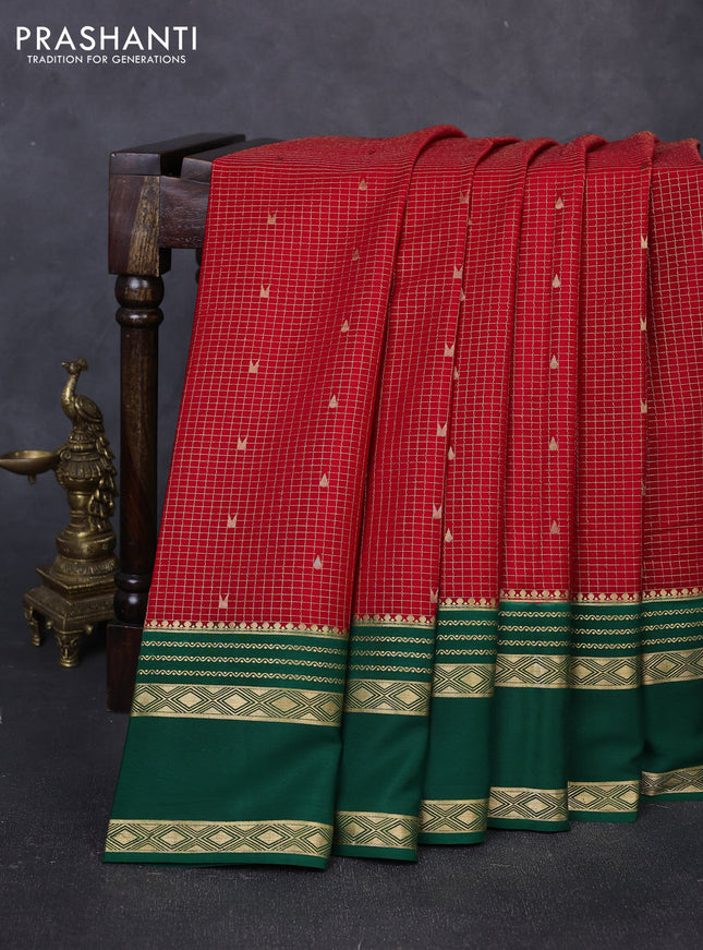 Pure mysore silk saree red and green with allover small zari checks & buttas and rettapet zari woven border