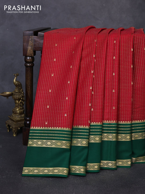 Pure mysore silk saree red and green with allover small zari checks & buttas and rettapet zari woven border