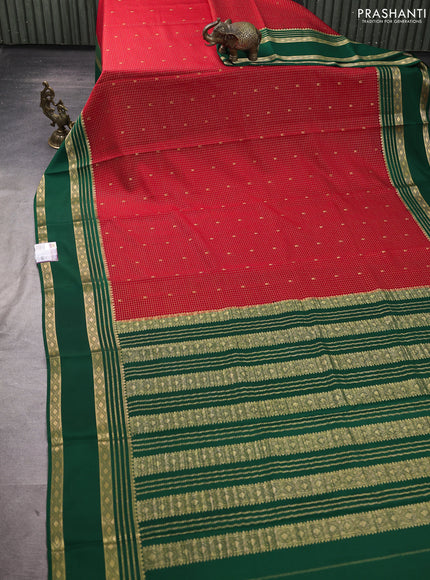 Pure mysore silk saree red and green with allover small zari checks & buttas and rettapet zari woven border
