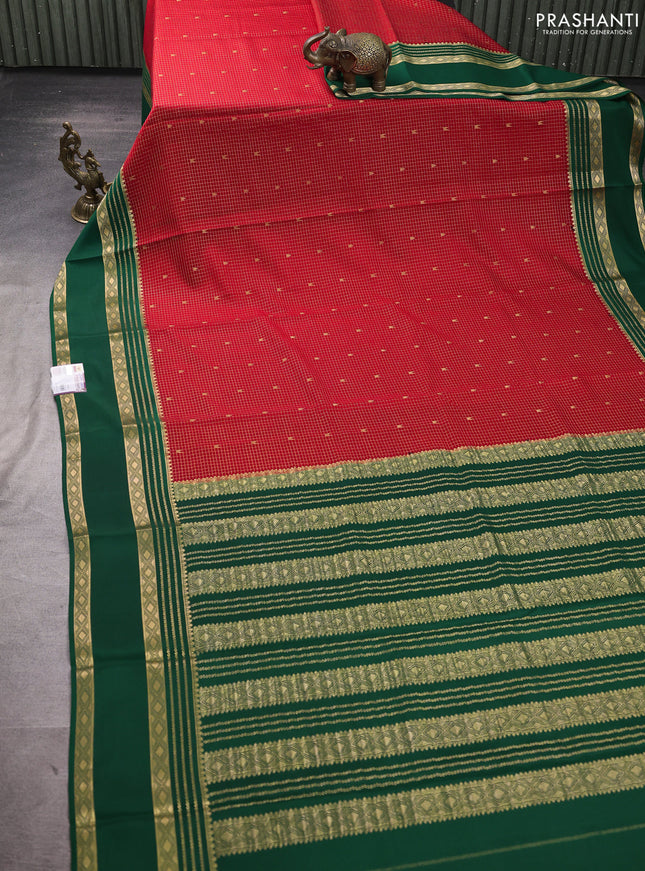 Pure mysore silk saree red and green with allover small zari checks & buttas and rettapet zari woven border