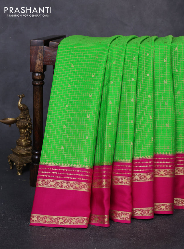 Pure mysore silk saree light green and pink with allover small zari checks & buttas and rettapet zari woven border