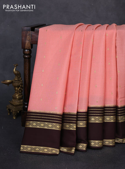 Pure mysore silk saree peach pink and coffee brown with allover small zari checks & buttas and rettapet zari woven border