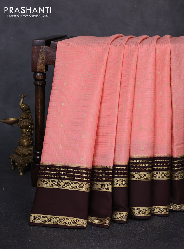 Pure mysore silk saree peach pink and coffee brown with allover small zari checks & buttas and rettapet zari woven border