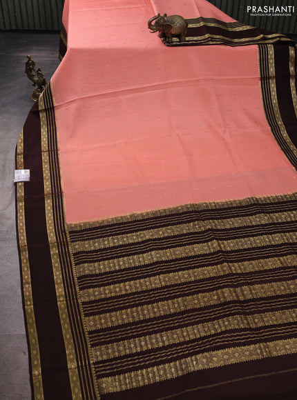 Pure mysore silk saree peach pink and coffee brown with allover small zari checks & buttas and rettapet zari woven border