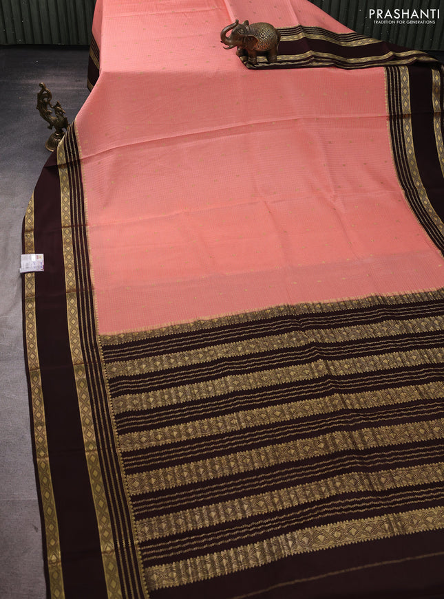 Pure mysore silk saree peach pink and coffee brown with allover small zari checks & buttas and rettapet zari woven border