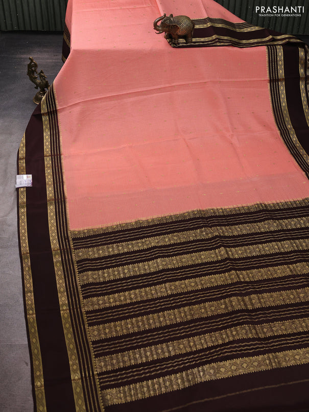 Pure mysore silk saree peach pink and coffee brown with allover small zari checks & buttas and rettapet zari woven border