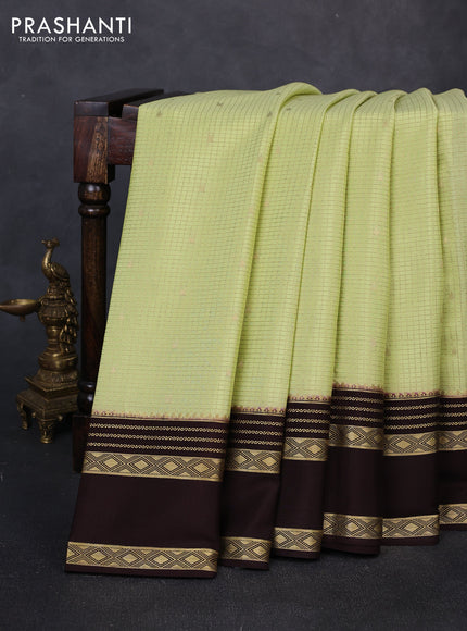 Pure mysore silk saree pista green and coffee brown with allover small zari checks & buttas and rettapet zari woven border