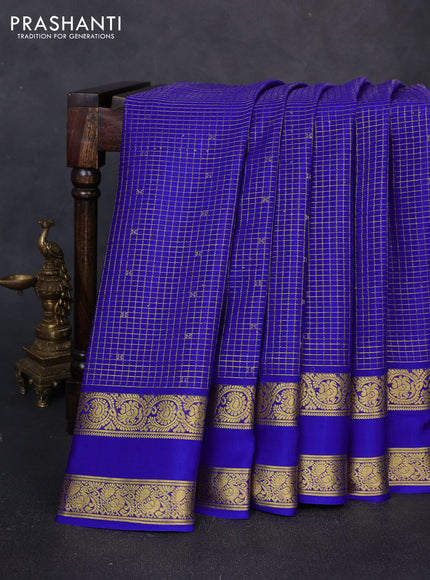 Pure mysore silk saree blue with allover small zari checks & buttas and rettapet zari woven border