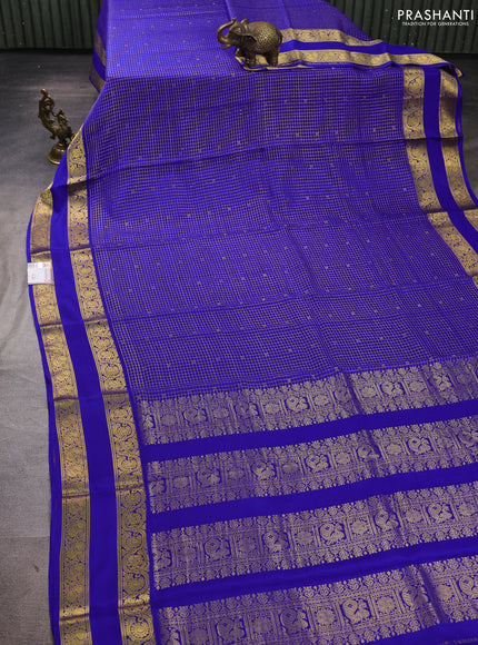 Pure mysore silk saree blue with allover small zari checks & buttas and rettapet zari woven border