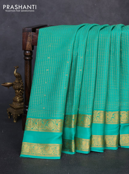 Pure mysore silk saree teal green with allover small zari checks & buttas and rettapet zari woven border