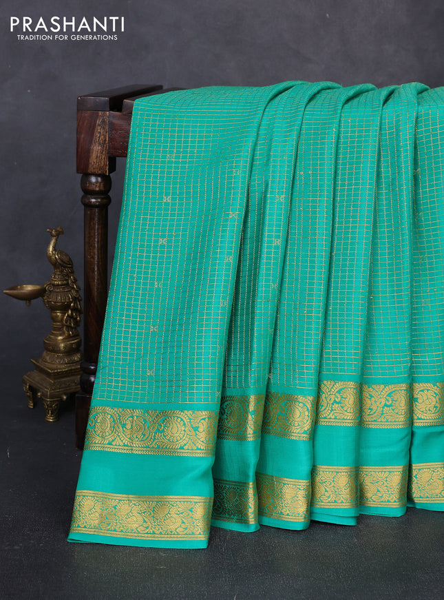 Pure mysore silk saree teal green with allover small zari checks & buttas and rettapet zari woven border