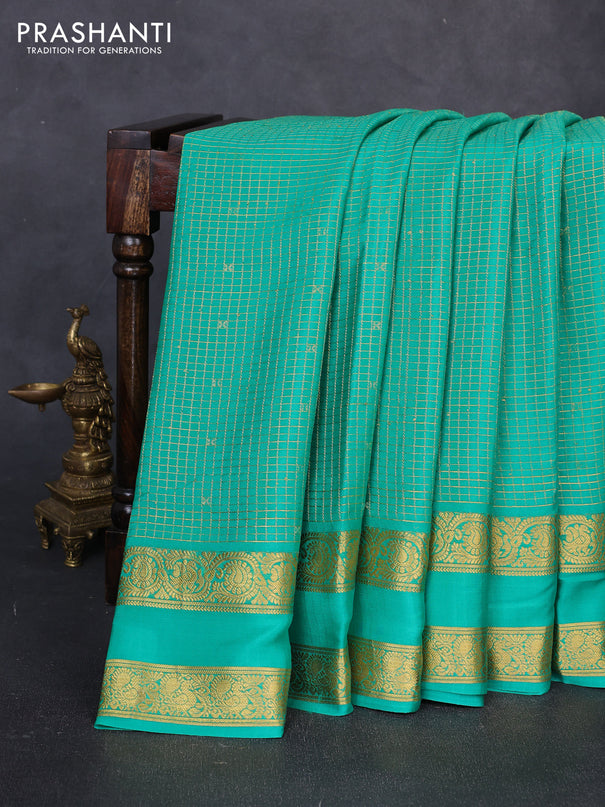 Pure mysore silk saree teal green with allover small zari checks & buttas and rettapet zari woven border