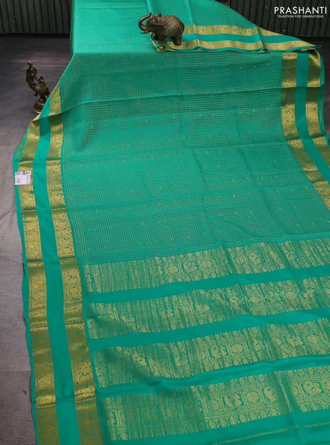 Pure mysore silk saree teal green with allover small zari checks & buttas and rettapet zari woven border