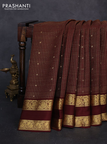 Pure mysore silk saree deep maroon with allover small zari checks & buttas and rettapet zari woven border